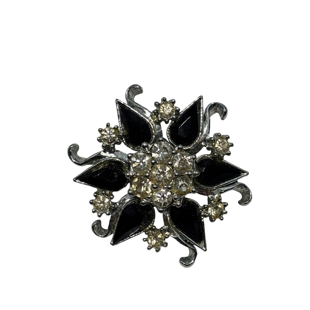 Vintage Silver Tone Elegant Black Enamel Rhinestone Starburst Flower Brooch Pin